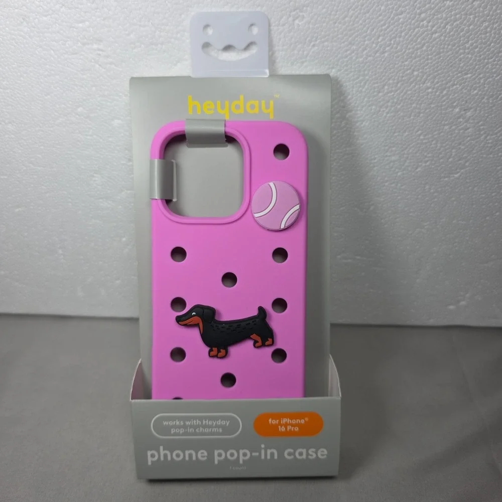 Heyday Pop In Phone Case iPhone 16 Pro Silicone Charms Dachshund Dog Pink